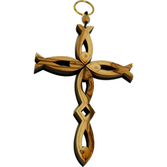 Holy Land Market Olive Wood Cross Made with Fish (First Chriswtianity Symbol) Shapes - 16cm - 6.4 inches with Certificate and Lord's Prayer Card