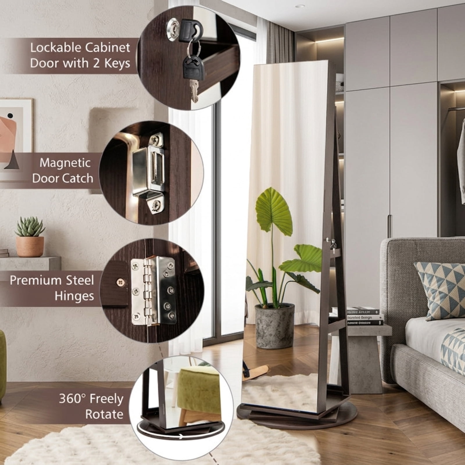 Furnibear 360° Rotating Mirrored Jewelry Cabinet Armoire 3 Color LED Modes Lockable for Bedroom Dressing Room Jewelry Necklace Rings, Espresso