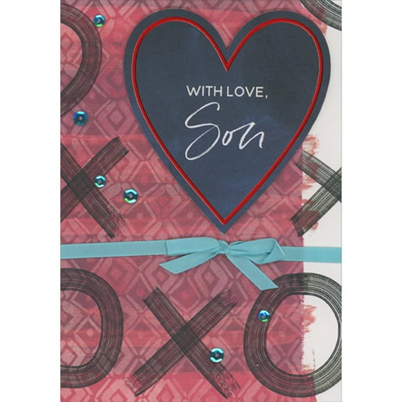 Designer Greetings With Love Son: 3D Heart with Foil Border, Blue Ribbon and Sequins Over X and O Patterns Hand Decorated Valentine's Day Card