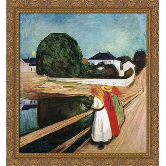 The Girls on the Bridge 28x30 Large Gold Ornate Wood Framed Canvas Art by Edvard Munch