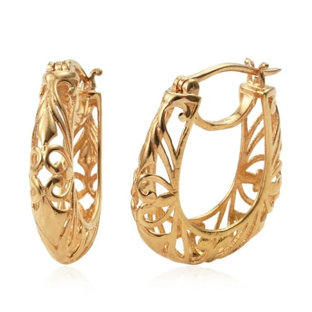 14K Yellow Gold ION Plated Filigree Round Openwork Basket Hoops Hoop Earrings for Women Hypoallergenic Jewelry