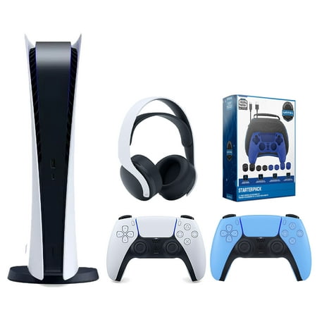 Sony Playstation 5 Digital Edition Console with Extra Blue Controller, White PULSE 3D Headset and Surge Pro Gamer Starter Pack 11-Piece Accessory Bundle