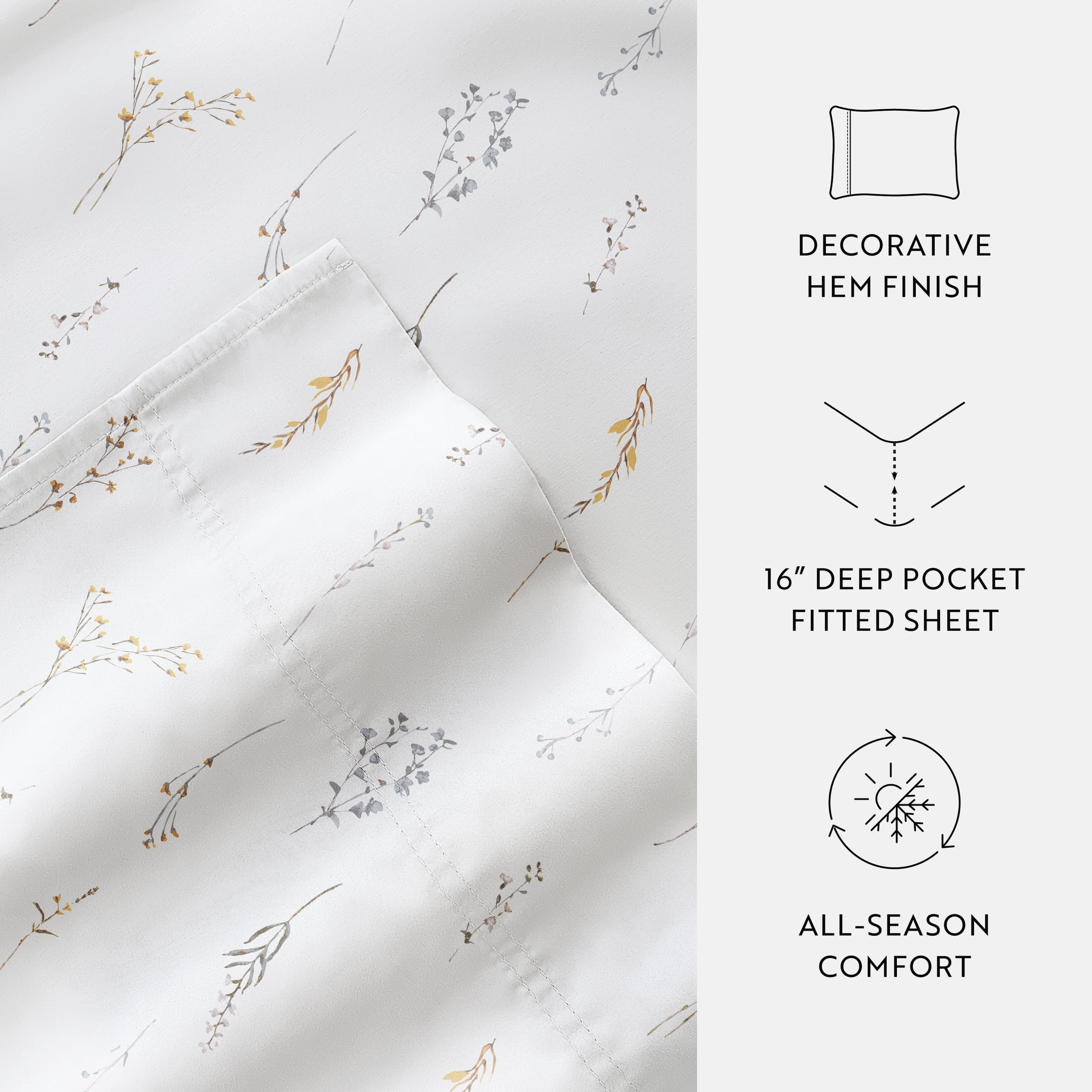 Noble Linens 4 Piece 300TC Cotton Printed Sheets, Wild Garden White, California King