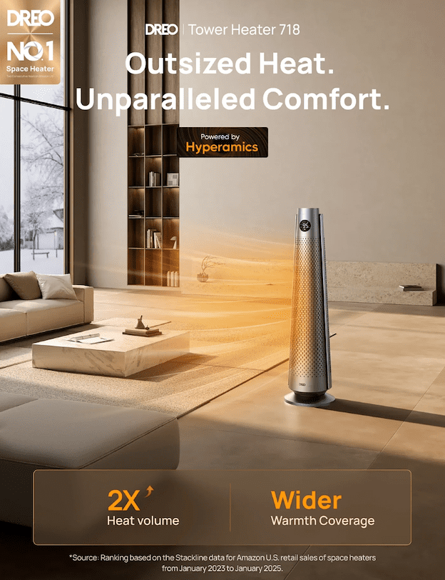 DREO 1500W Tower Heater with Advanced Hyperamics Technology