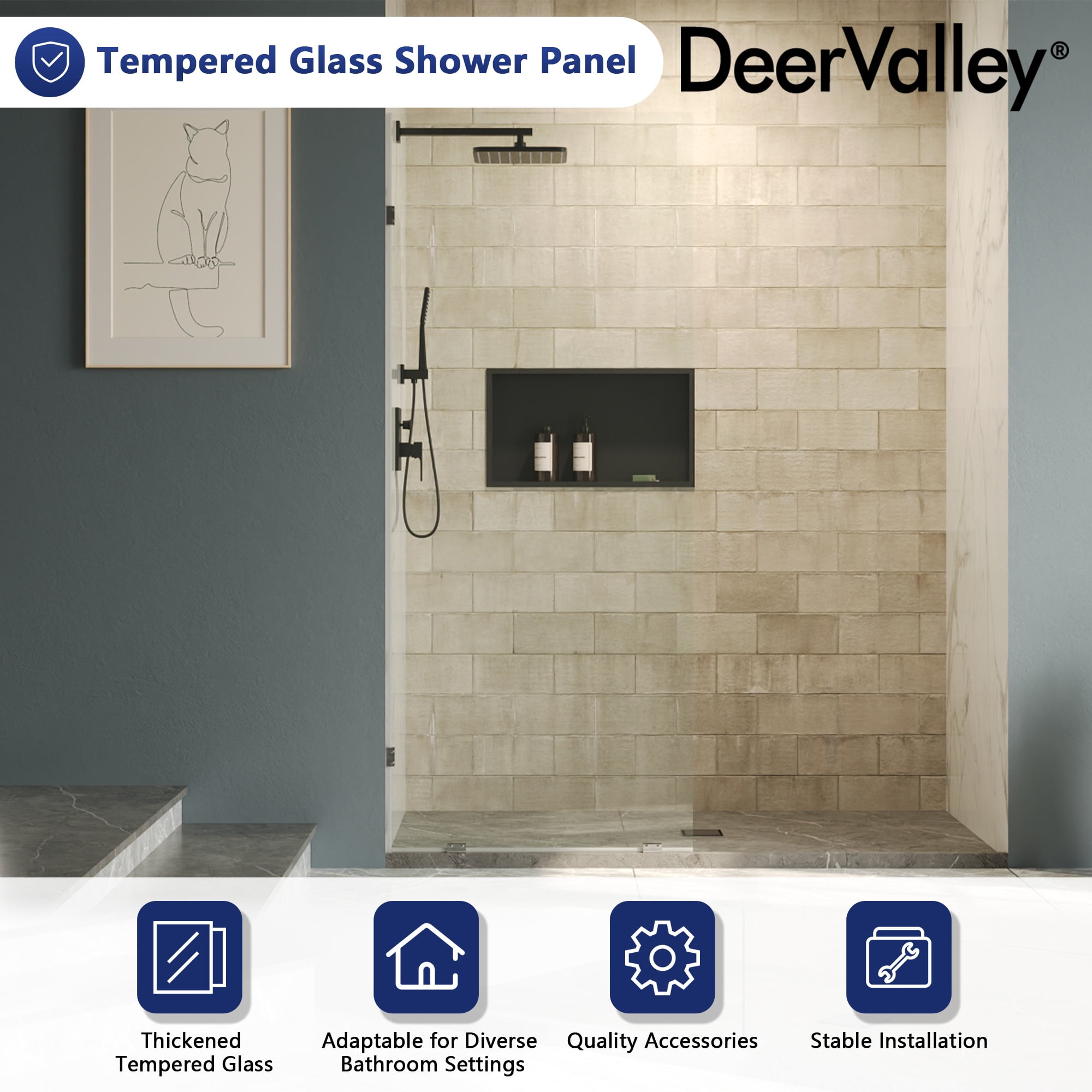 DV-1SD0221S Single Fixed Glass Panel For Shower 32"×78", Thick Frameless Tempered Safety Glass Shower Screen