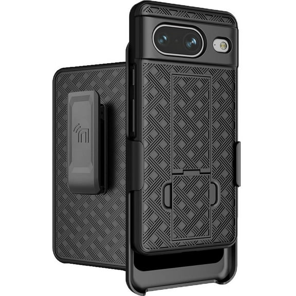 Case with Clip for Google Pixel 8, Nakedcellphone [Grid Texture] Slim Hard Shell Cover with Stand and [Rotating/Ratchet] Belt Hip Holster Holder Combo