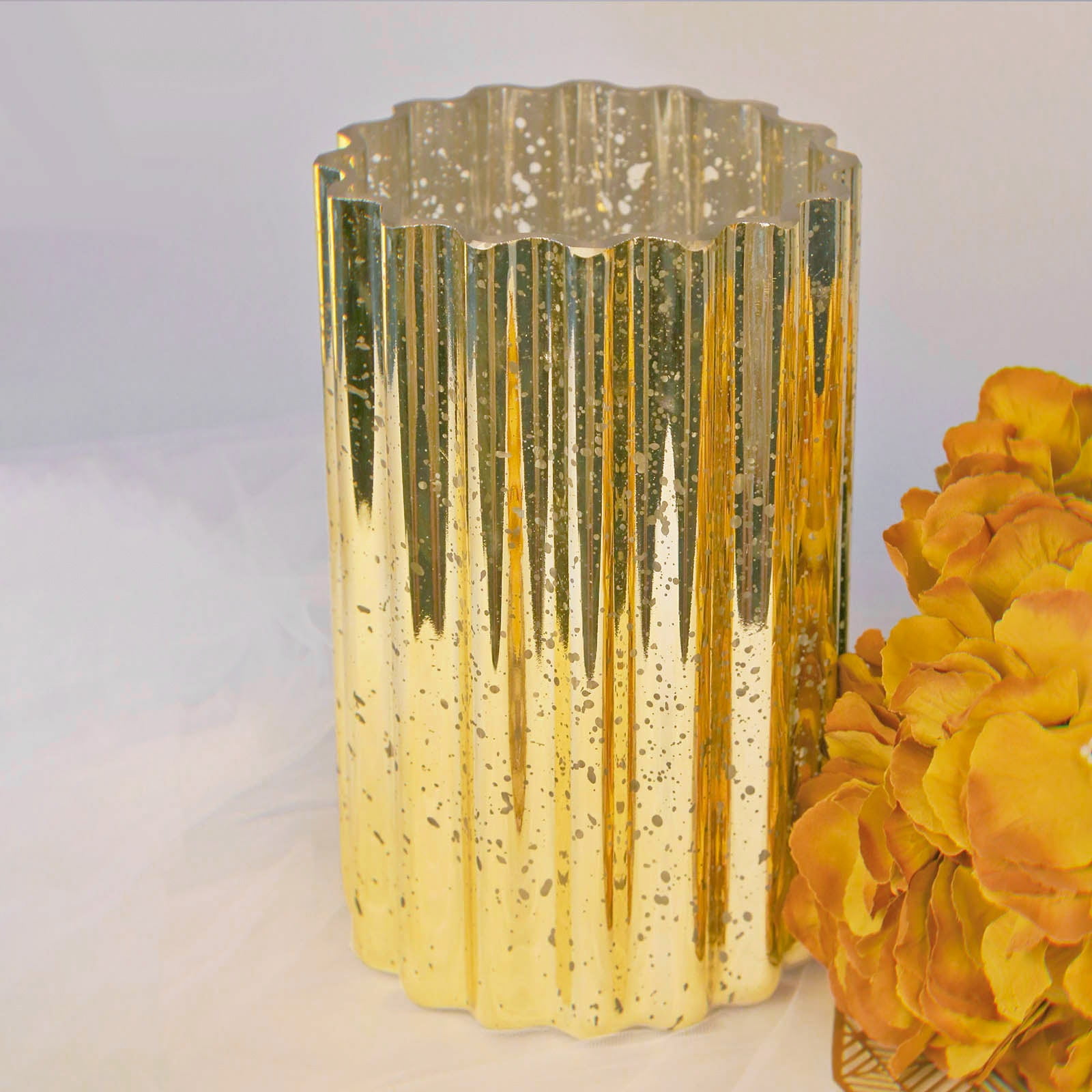 Efavormart 9" Gold Mercury Glass Hurricane Candle Holder, Cylinder Glass Vase With Wavy Design ...