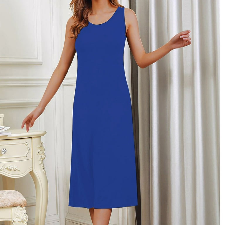 Nightgowns for Women Built in Bra Sleeveless Midi Pajama Dress Sleepwear  Lounge Long Dresses Solid Color Homewear (Medium, Blue) 