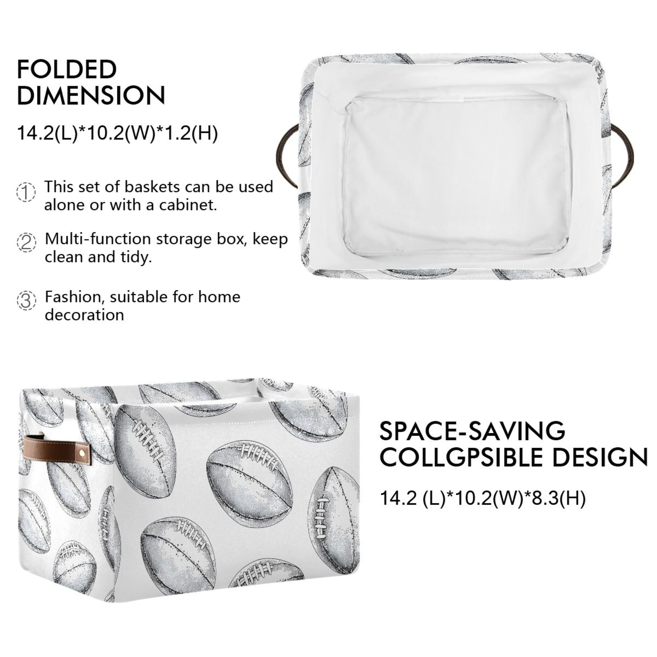 Ryvnso Retro Rugby Football Storage Basket Large Bin Foldable Boxes Toys Organizer 14.2x10.2x8.3in 2 PCs