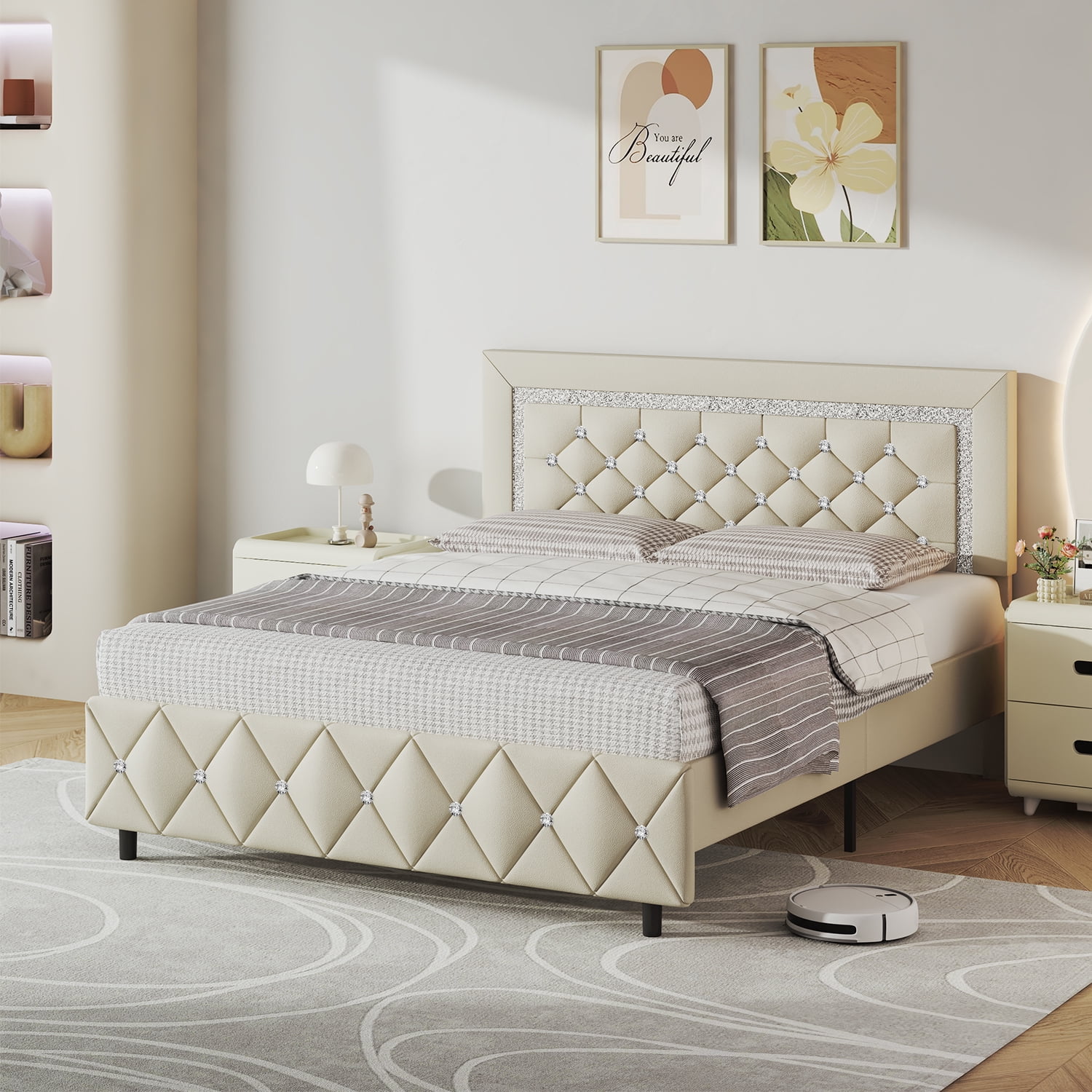 4 EVER WINNER Full Bed Frame, Upholstered Platform Bed Frame with Headboard and Footboard, Diamond Headboard and Footboard Design, Beige