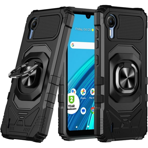 Thousandgear Customerfirst Compatible with Cricket Debut S2 Case, AT&T Calypso 4 wiith Tempered Glass Screen Protector Ring Car Mount Kickstand Shockproof Hard Phone Case (Black)