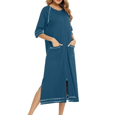 AherBiu Womens Zipper Robe 3/4 Sleeves Nightgown Loungewear Dress Sleepwear Housecoat Long Bathrobe with Pockets