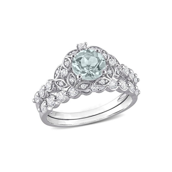 1.84 Carat (Ctw) Aquamarine and White Topaz Engagement Ring & Wedding Band Set with Accent Diamonds 10K White Gold for Women