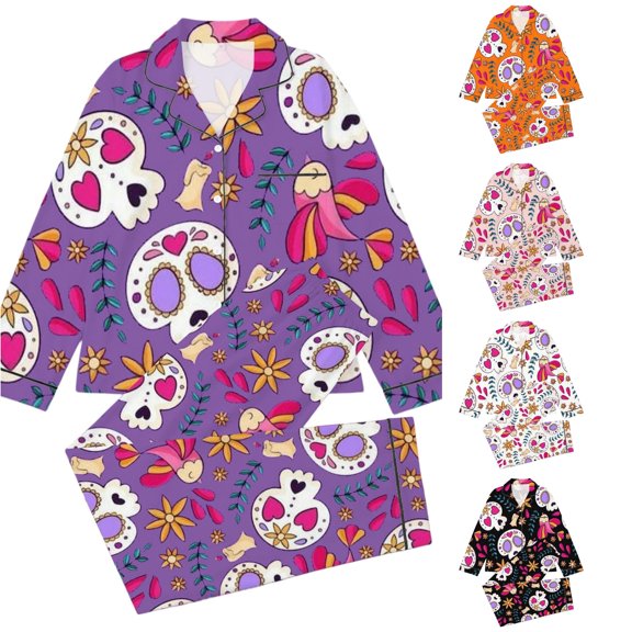 Afdoent Girls Pajamas Set Halloween Skeleton Print Sleepwear Long Sleeve Jammies Button-Down Nightwear Loungewear Comfortable For Kids Holiday 13-14 Years