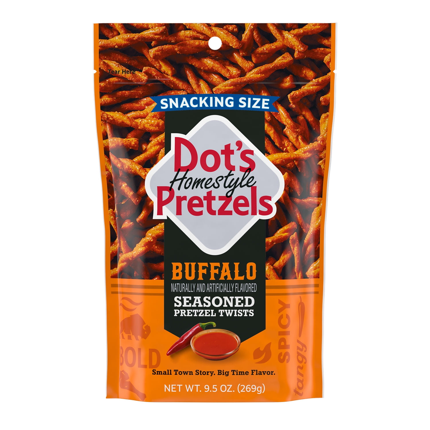DOT'S Homestyle Pretzels Buffalo Flavored Snacking Size, Seasoned Pretzel Twists Bag, 9.5 oz