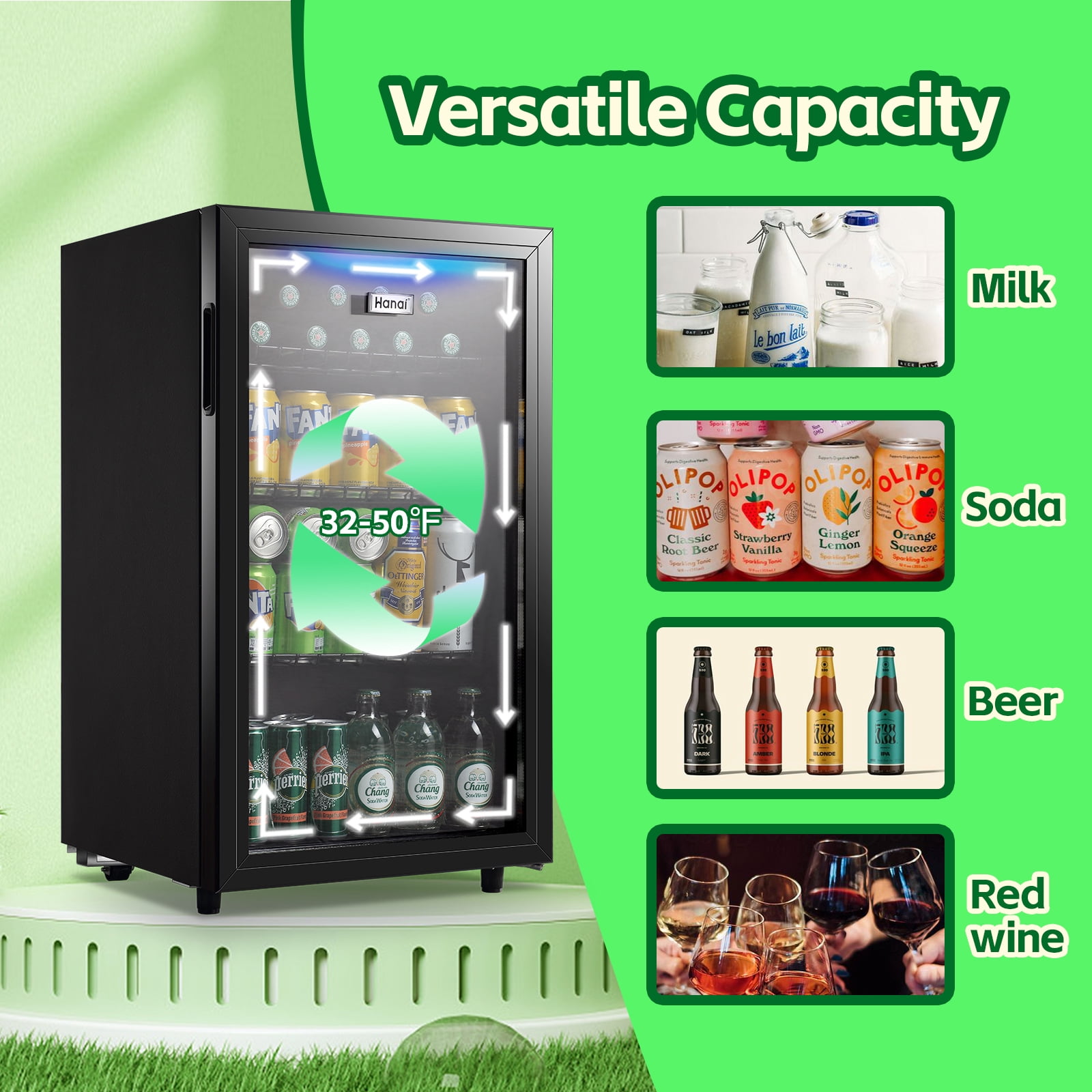 WANAI Beverage Refrigerator Cooler 3.5 Cu.ft Beer Fridge with Glass Door LED Light Adjustable Shelf