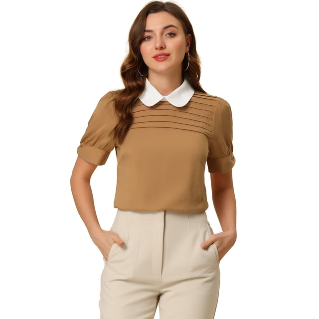 Blusa De Manga Corta Con Cuello Peter Pan En Contraste Vintage Para Mujer Camello oscuro M