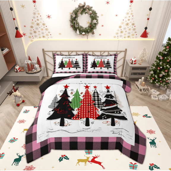 jejeloiu Cartoon Christmas Tree Bedding Comforter Set,Pinkue Geometric Grid Twin Comforter Sets,Xmas Theme Bedding Set,Microfiber Room Decor Reversible,2-Piece