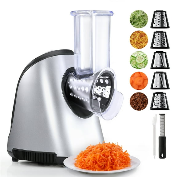 Electric Cheese Grater, 5-in-1 Electric Cheese Shredder with 5 Stainless Blades, Salad Maker with One-Touch Control for Cheese, Vegetables and Fruits