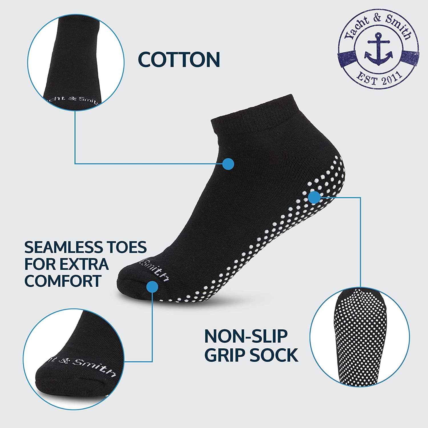 Yacht & Smith Women's Non Slip No-Skid Socks with Grips, 97% Cotton, For Hospital, Yoga, Pilates, Barre, Grippy Ankle Sock