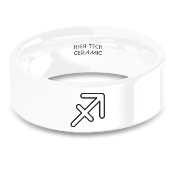 Sagittarius Bow Arrow Symbol Engraved White Ceramic Wedding Band, 8mm, Size 15