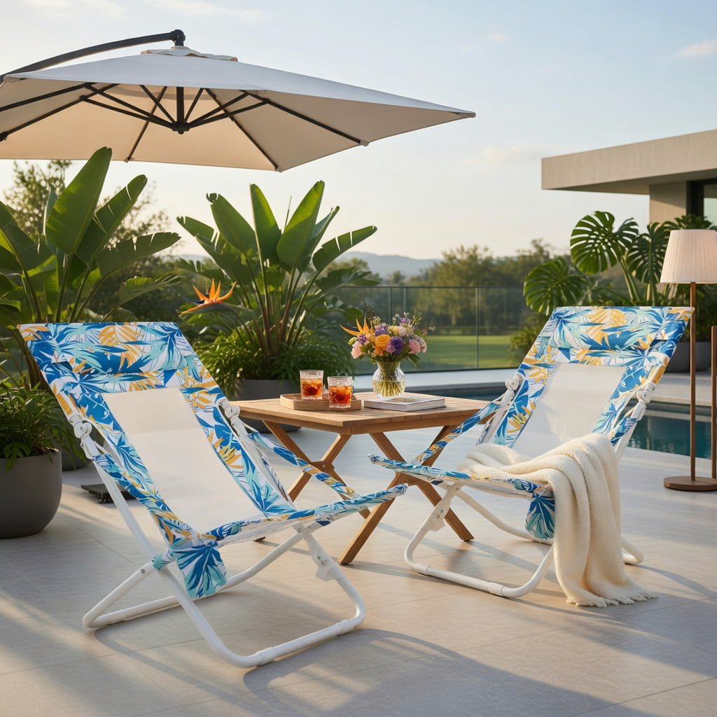 Hommoo 2-Pack Folding Low Beach Chairs with Padded Headrest, Breathable Mesh Back & Cup Holder， Outdoor Patio Sling Chairs for Sand, Lawn, Poolside, Blue