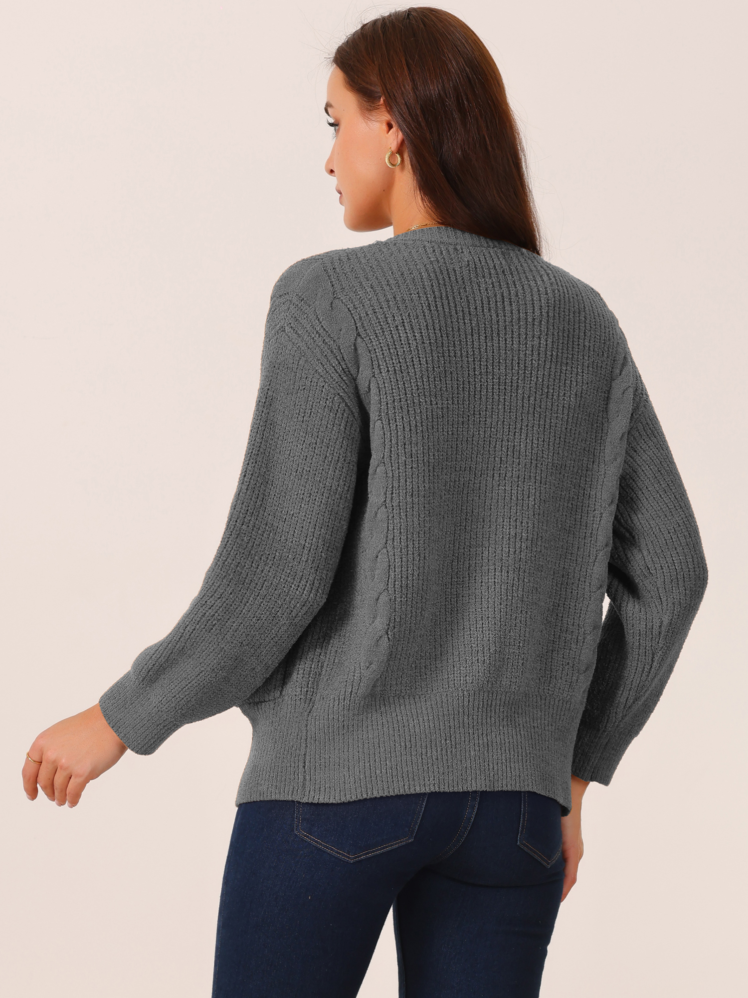 DARING DIVA Women's Open Front Knitted Casual Cardigan with Pockets L Dark Grey
