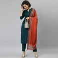 thumbnail image 1 of Janasya Indian Mandarin Collar 3/4 Sleeve Solid Teal Rayon Kurta With Pant and Dupatta For Women, 1 of 9