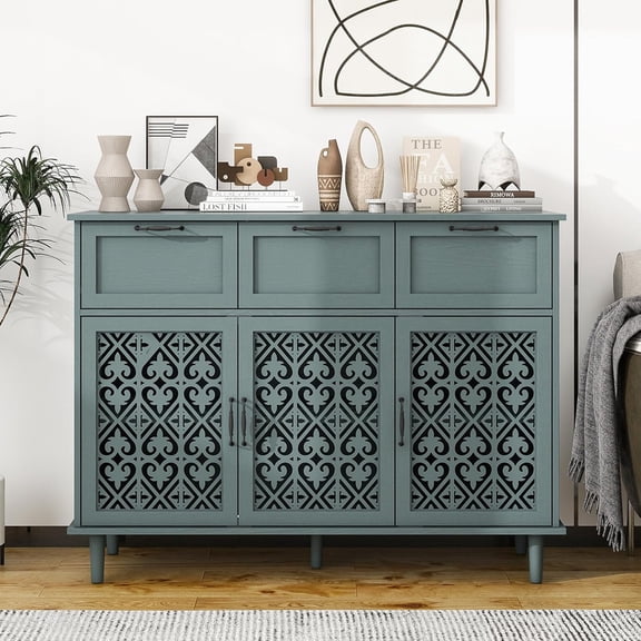 LJAN Sideboard Buffet Cabinet with Storage - Accent Storage Cabinet with Carved Pattern, Modern 3 Door 3 Drawer Cabinet, Farmhouse Wood Credenza for Living Room, Dining Room
