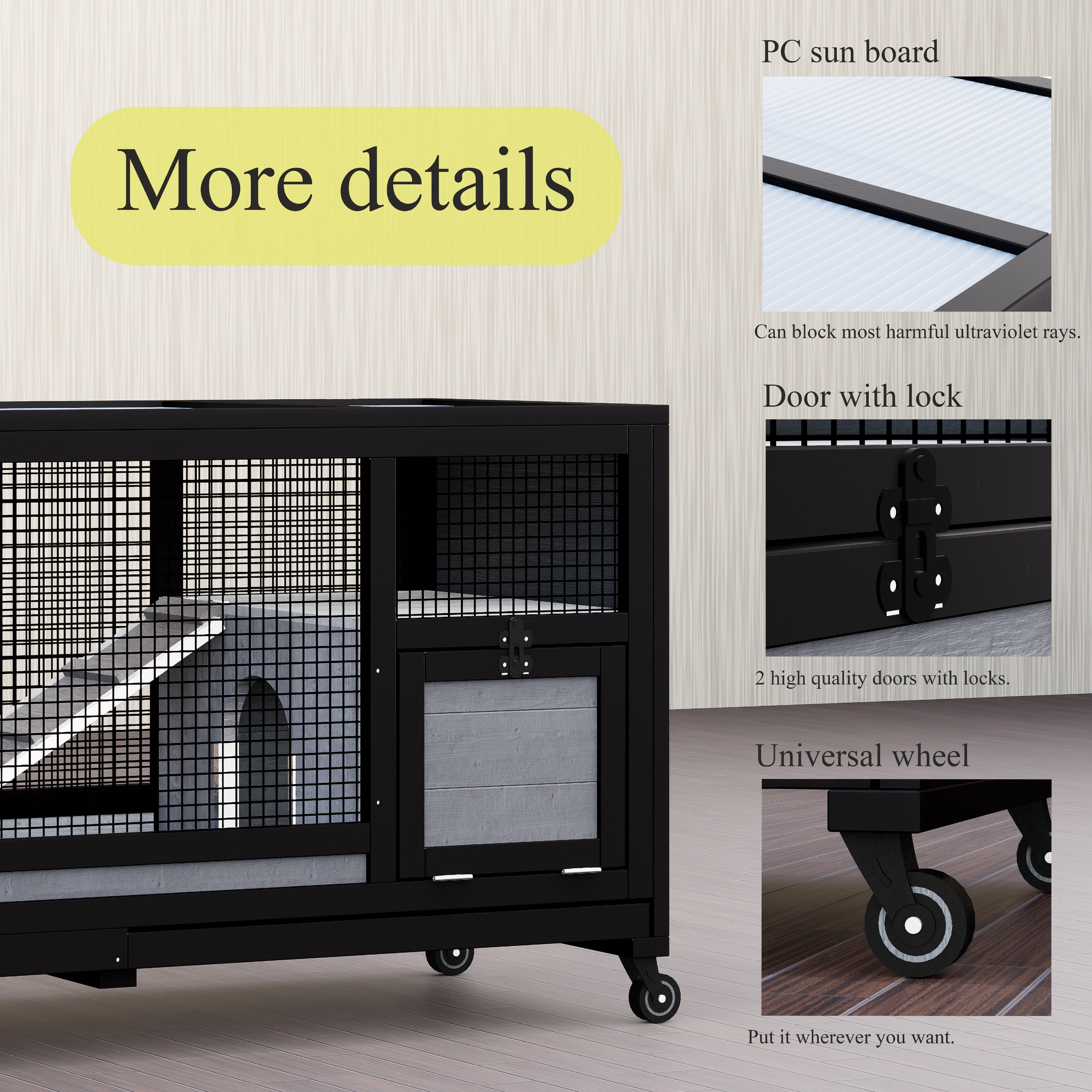 Rabbit Hutch with Wheels for Indoor Outdoor, Wooden Rabbit Cage with Removable Leak Proof Tray, Mobile Bunny Cage