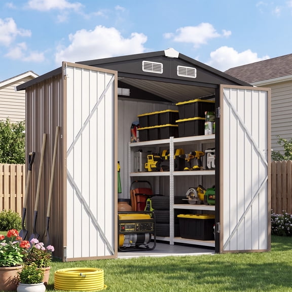 Dateyes 6X4FT Outdoor Storage Shed with Plastic Floor, Metal Tool Shed with Lockable Door and Vents, Patio Shed for Garden, Backyard, Poolside, Brown