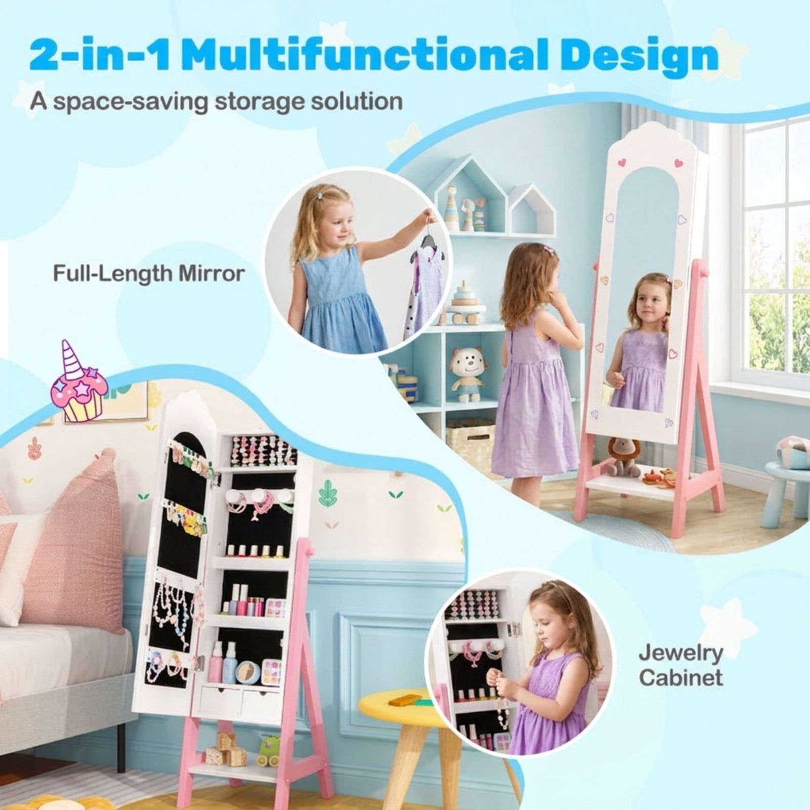 Furnibear 2-Piece Kids Vanity Table and Stool Set with Tri-Fold Mirror and Jewelry Armoire Cabinet with Full-Length Mirror for Girls, White