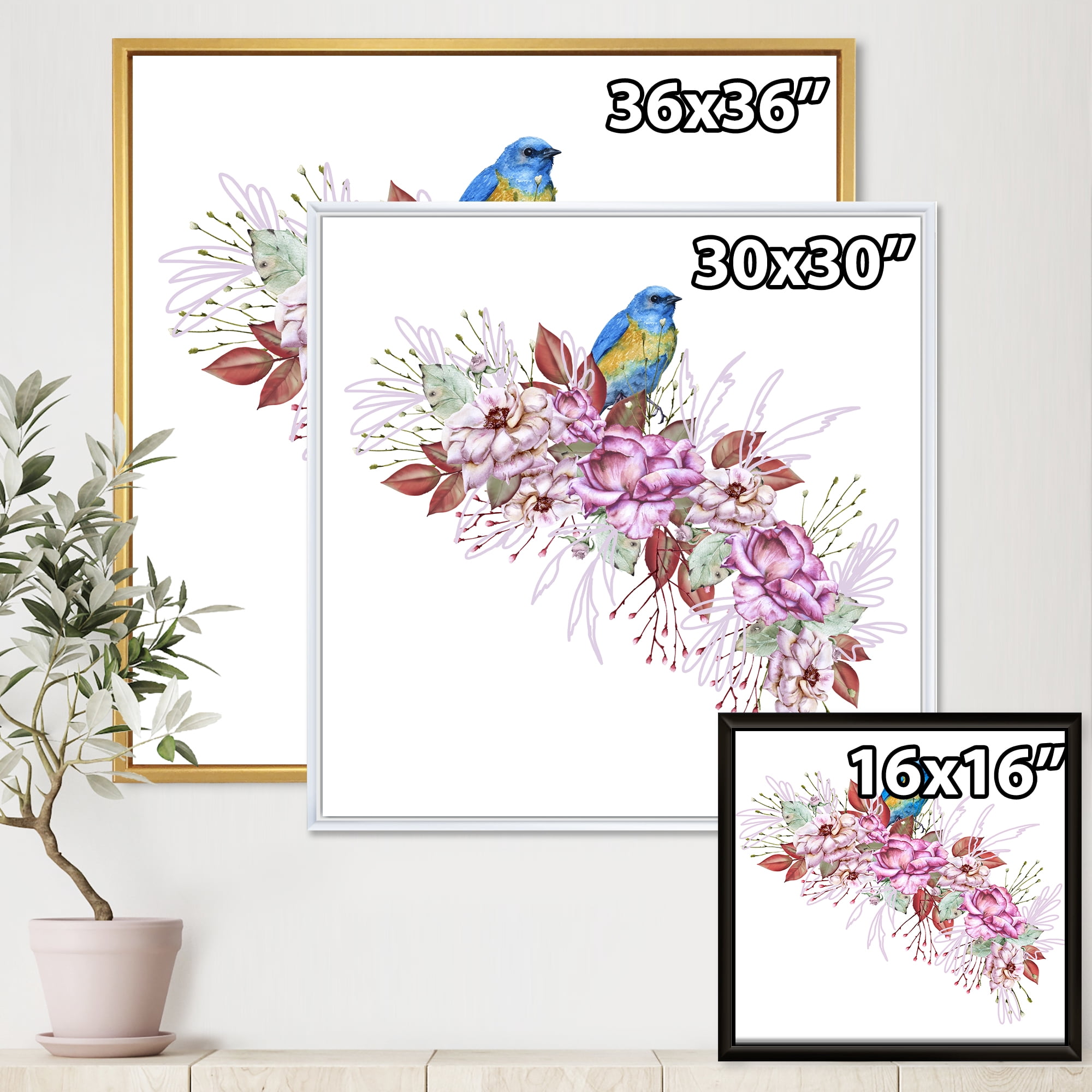 Designart 'Little Blue Bird Sitting On Colorful Boquet of Flowers' Traditional Framed Canvas Wall Art Print