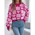 thumbnail image 6 of Womens Mock Neck Sweater Long Sleeve Block Cute Heart Knit Fall Winter Tops Ribbed Knit Pullover Sweaters Pink M, 6 of 9