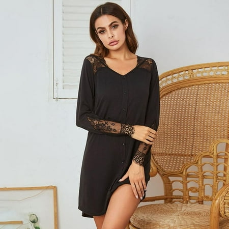 

Morefun Summer Women Nightgown Long Sleeve Lace Pajama Stitching Chemise Sleep Nightshirt Button Decor Sleepwear Dress