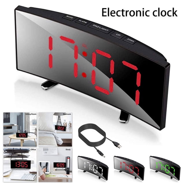 Digital Alarm Clock Curved Electronic Clock Led Large Screen Mute Bedroom Desk Snooze Clock White