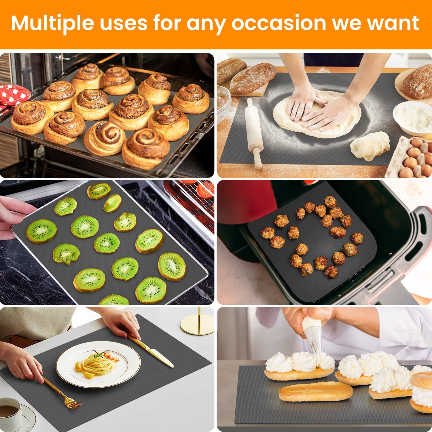 Silicone Baking Mat Roll - Non Stick, Heat Resistant Pastry Mat for Macarons, Bread, Cookies | Kitchen Countertop Protector | Dough Rolling Mat Gray