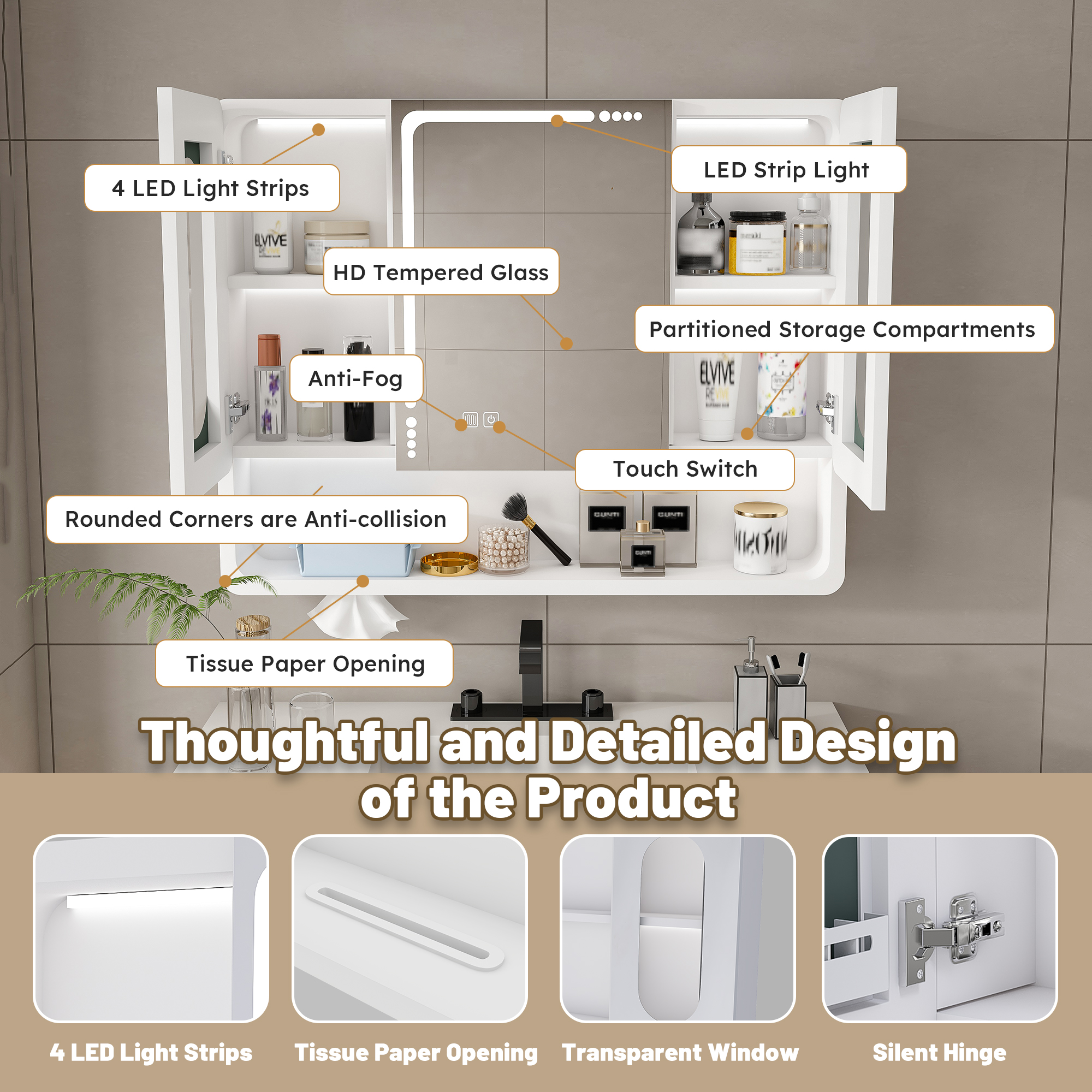 Bathroom Mirror Cabinets, Medicine Cabinets, Wall Mounted Bathroom Mirror Cabinet with LED Lights, Touch Control, 3 Color Lighting, Aluminum Alloy Construction, Spacious Storage for Bathroom, White
