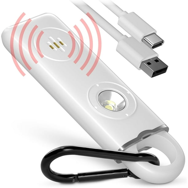 Llavero de alarma personal para la protección de la seguridad de las mujeres – USB recargable 130 dB Silbato de sonido de sirena de autodefensa con luz led – Alerta de seguridad de emergencia