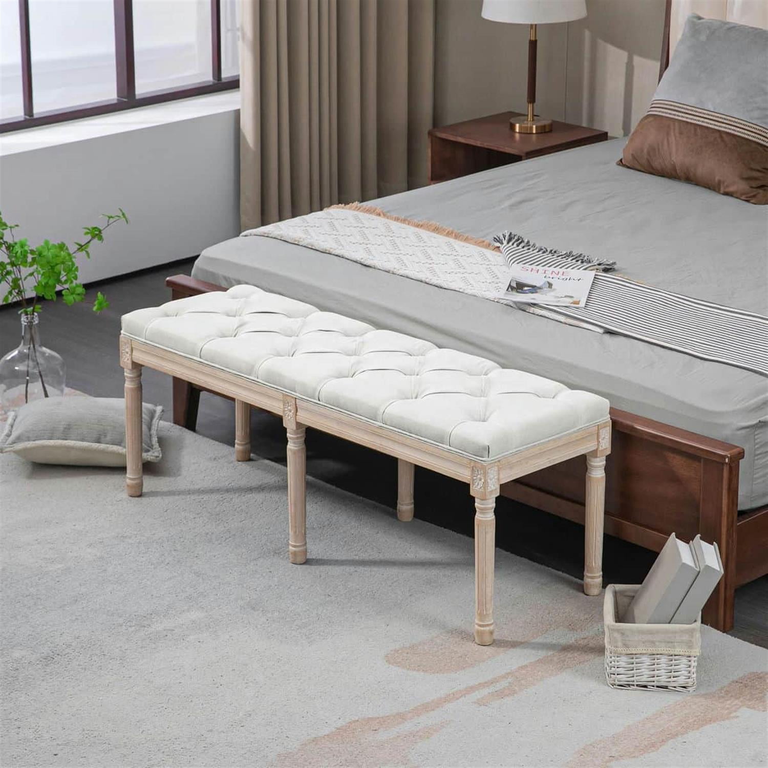 Demi Bonn 46" Luxe Linen Upholstered Bench, Thick Cushioned End of Bed Bench with Wooden Legs for Bedroom Seating, White