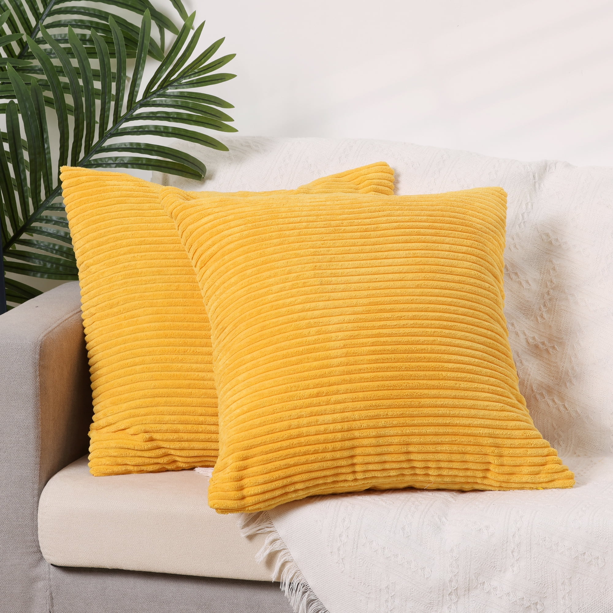 Unique Bargains Sofa Living Room Corduroy Decorative Throw Pillow Covers (2 Count) Yellow 18" x 18"
