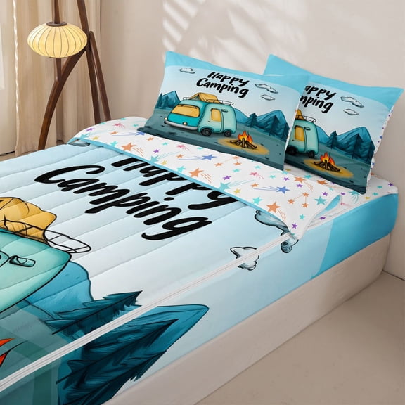 Homewish Teal Camping Zipper Full Size Comforter Sets with Fitted Sheet and 2 Pillowcases, Roof Tent Campfire Zipper Bedding Set for Men and Women, Stars Reversible, 4pcs