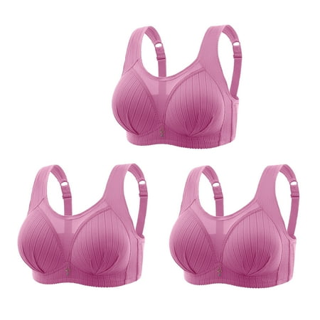 Crunowin Women s Plus Size Bra 3 Pack  Behind Buckle Breathable Lingerie Wire Free Comfort Solid Color Everyday Underwear Hot Pink XXXL