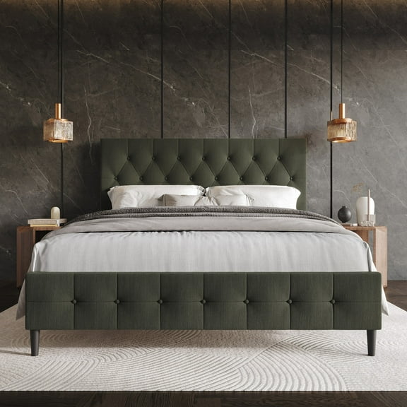 Home Design Sidney King Upholstered Panel Bed with Durable Engineered Wood and Recycled Materials, Dark Beige, Easy Assembly