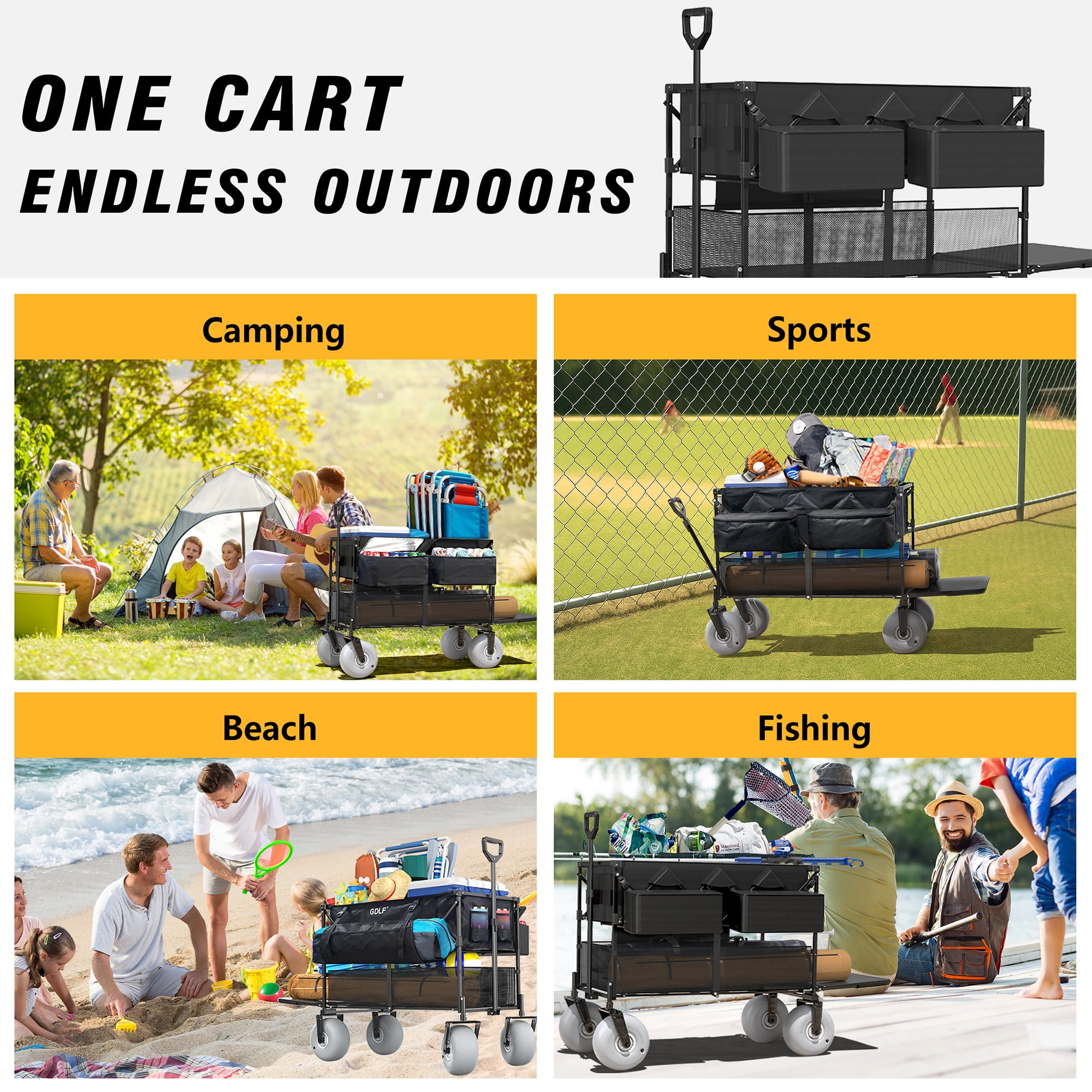 GDLF Beach Wagon, Double Decker Utility Cart with 500lb Capacity & 9" All-Terrain Balloon Tires, Collapsible Heavy Duty Buggy for Camping, Sports, Groceries