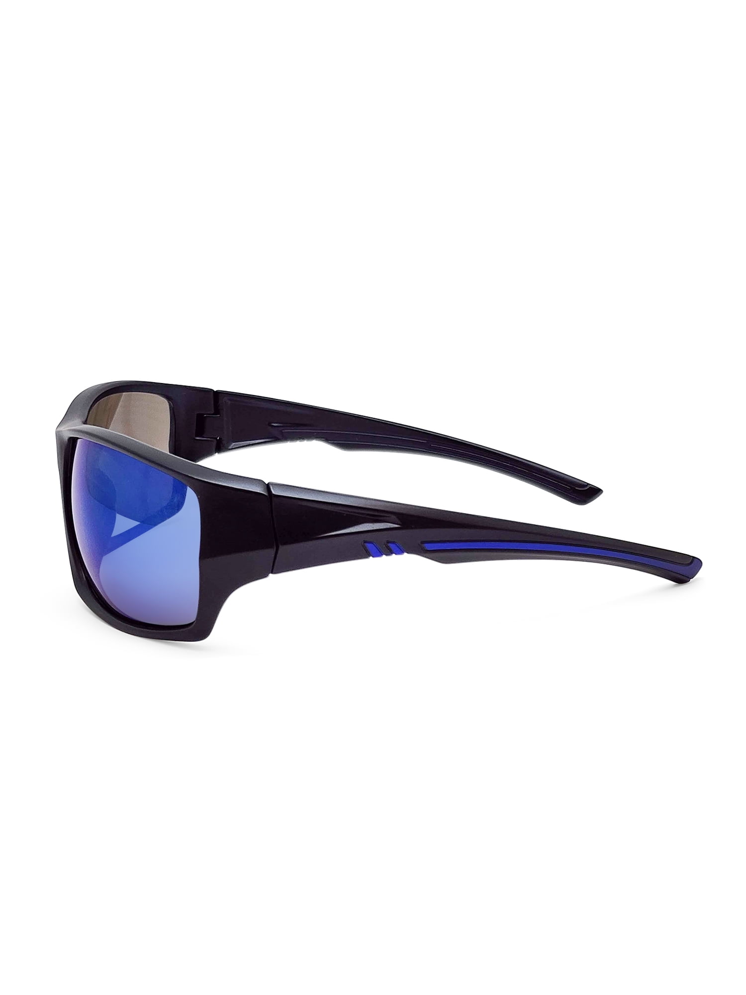 Mens Plastic Sports Wrap Black Frame Blue Mirror Lens Sunglasses