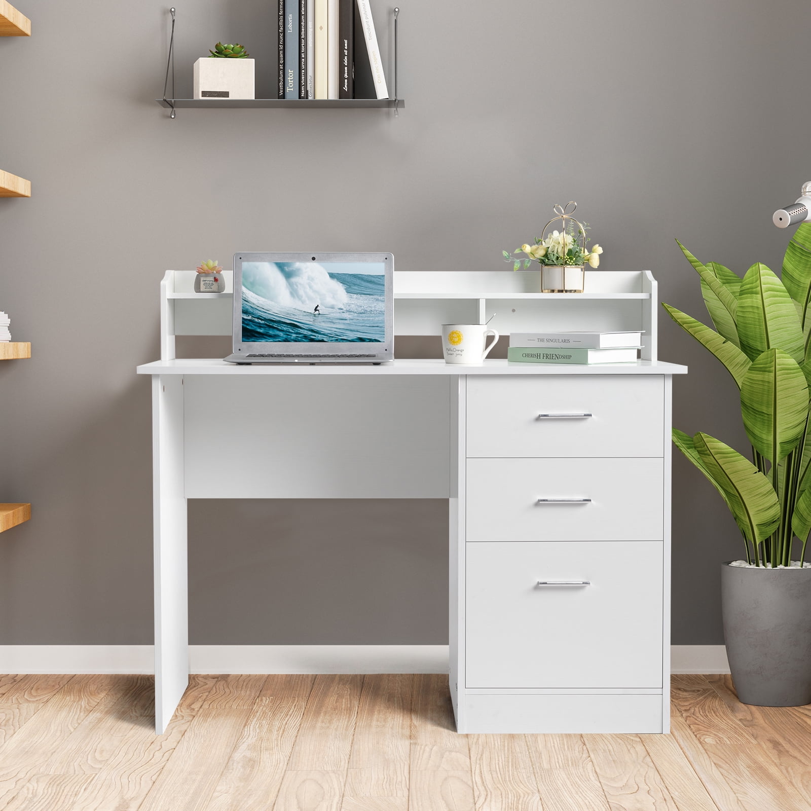 Ktaxon Wood Computer Desk Office Laptop PC Work Table, Writing Desk with 3 Drawers File Cabinet for Letter Size,White