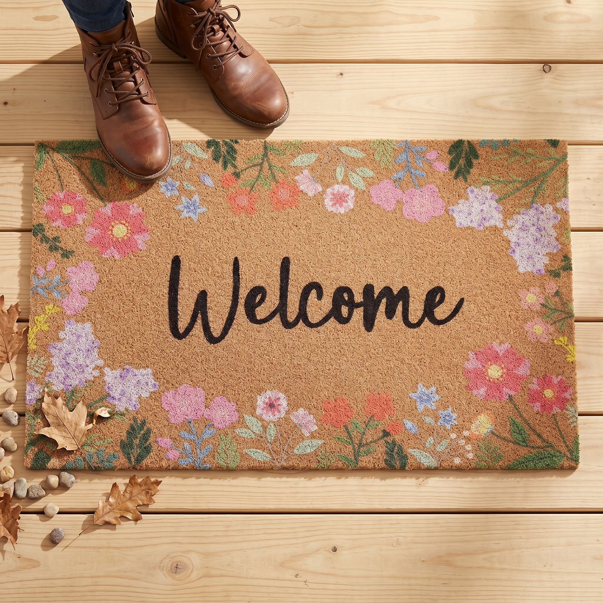 Unique Bargains Natural Coir Non-Slip Backing Waterproof Doormat Brown Flower 32" x 20"