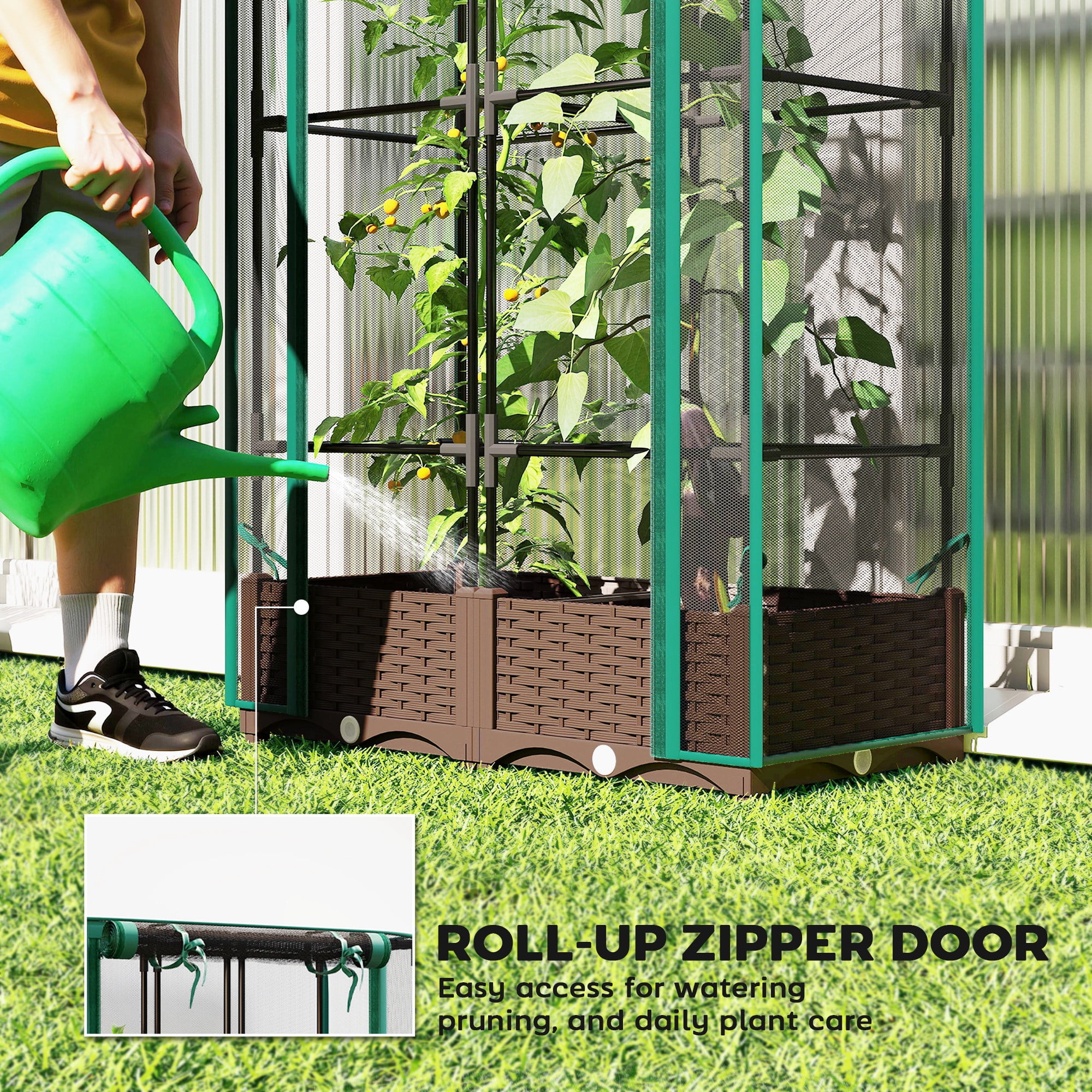 Outsunny Raised Garden Bed with Trellis, 46.5" Tomato Cage with Crop Cage, Self Watering Planter Box with Drainage Holes and Plugs, Green