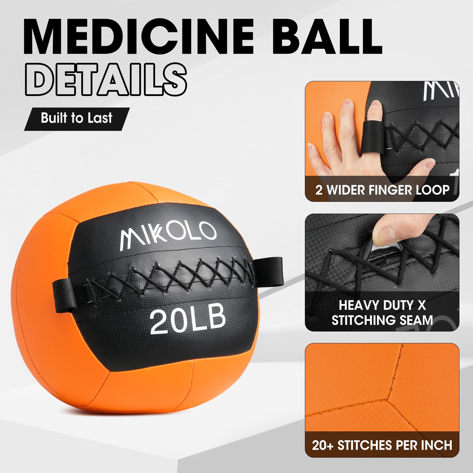 Mikolo Fitness 20LB Wall Ball, Soft Leather Medicine Ball, Orange Weighted Wall Ball with Non-Slip Grip, Full Body Dynamic Exercise Med Ball, Core Fitness, Strength Training, Conditioning Workouts